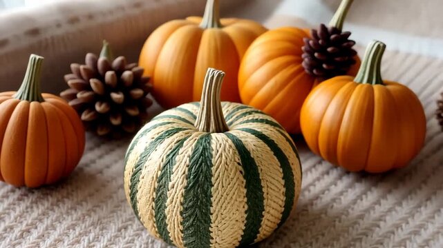 Autumn harvest: vibrant pumpkins and pinecones on cozy knit blanket