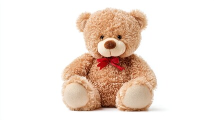 A charming teddy bear made of plush fabric sits comfortably on a soft white background. This cuddly companion is ideal for children and heartfelt gifts enhancing cozy atmospheres.