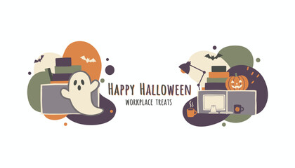 Festive Halloween office cubicles with ghost pumpkin and bats for seasonal workplace joy