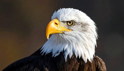Close-up profile view of a majestic bald eagle, showcasing intricate details of its plumage and sharp gaze.