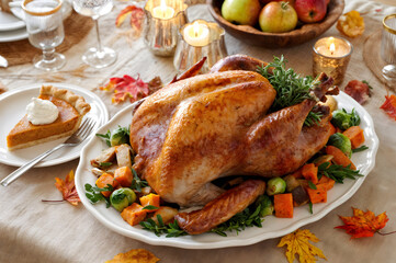 A magnificent roasted turkey and a slice of pumpkin pie are the highlights of a beautifully decorated holiday table with autumn leaves and lit candles.