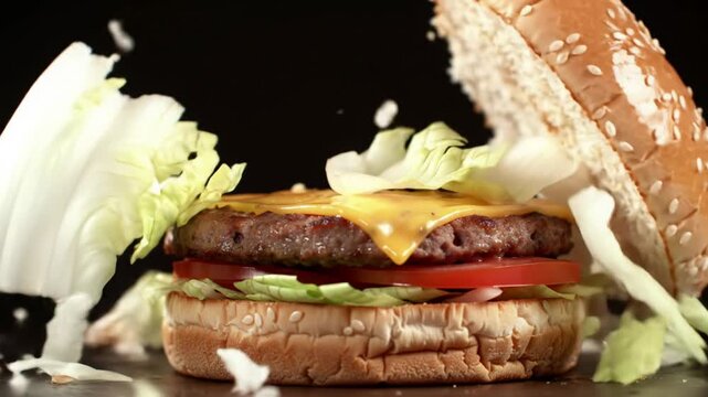 Cinematic slow motion video of a fresh cheeseburger deconstruction with flying lettuce on a black background
