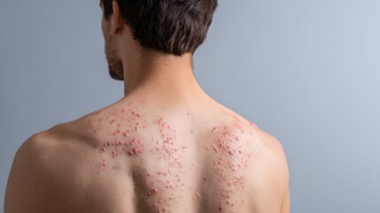 Naklejka premium A young man stands with his back facing the viewer showcasing multiple spots indicative of acne on his skin. The indoor environment offers a neutral backdrop emphasizing the subjects condition.