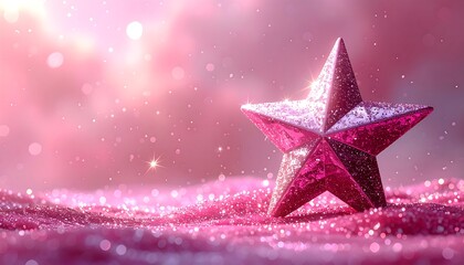 A radiant, pink star rests on a bed of glittering pink sparkles, bathed in a soft, luminous light.