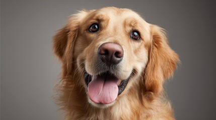 Obraz premium A golden retriever puppy displays a cheerful demeanor with its mouth open and tongue out. The bright eyes and soft fur enhance the overall warmth of this delightful moment.