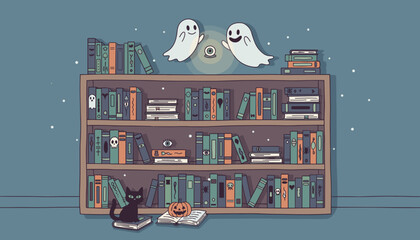 Whimsical Halloween bookshelf with friendly ghosts black cat and pumpkin Perfect for spooky season