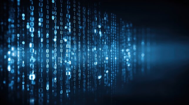 A digital representation of binary code is shown cascading across a dark background. The vibrant blue light adds depth and highlights the dynamic flow of data symbolizing technology and information.