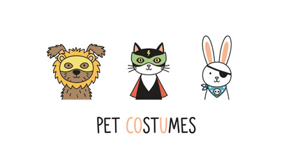 Cute cartoon pets in fun costumes for Halloween or parties dog cat and rabbit characters