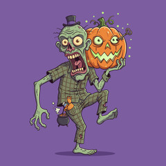 Spooky zombie in pajamas holds a glowing jackolantern for Halloween fun