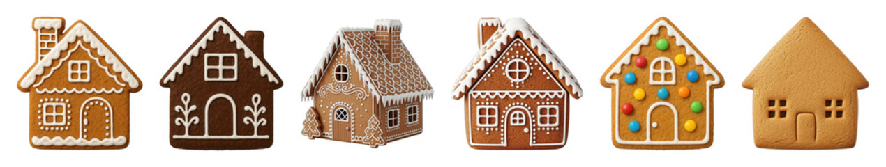 Gingerbread house set including various decorated, plain, flat cookies, and 3D designs isolated. Festive Christmas and holiday season baking collection.