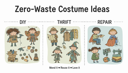 Kids creating zerowaste costumes through DIY thrift and repair promoting sustainability
