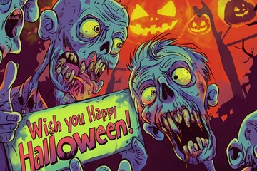 Spooky Happy Halloween Greeting with Cartoon Zombies with Copy. Creepy Undead Characters in Night Graveyard Scene with text, Perfect for Horror Party Posters, Invitations, Stickers.