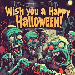 Obraz premium Spooky Happy Halloween Greeting with Cartoon Zombies with Copy. Creepy Undead Characters in Night Graveyard Scene with text, Perfect for Horror Party Posters, Invitations, Stickers.