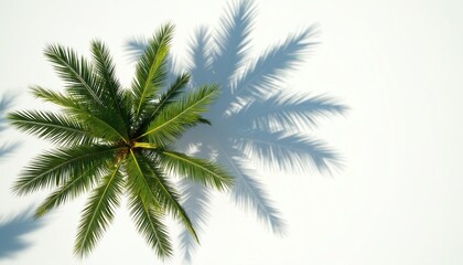 Isolated coconut palm tree viewed from directly above on clean white background. Green fronds cast distinct shadows, suggesting sunny tropical summer day. Minimalist botanical composition evokes