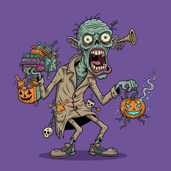 Cartoon zombie with trickortreat candy spooky books and glowing pumpkin for Halloween fun