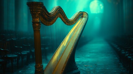 Golden harp in teal light