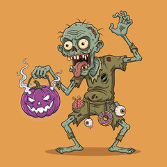 Funny zombie with a scary pumpkin bucket perfect for Halloween fun and spooky celebrations