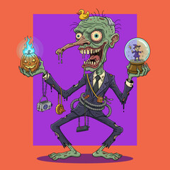 Eccentric Halloween monster with glowing pumpkin and witch globe Spooky creative fantasy design