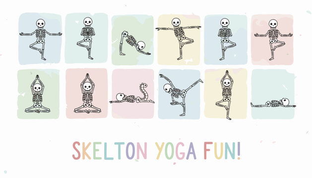 Funny cartoon skeletons practicing yoga poses on pastel watercolor blocks Health fitness fun exercise concept