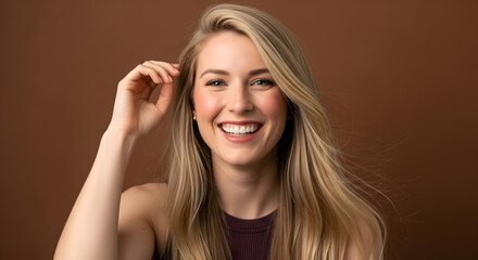 Obraz premium Joyful Blonde Woman with Radiant Smile and Flowing Hair, Beautiful Portrait on Brown Background