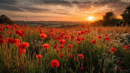 A lively field of red poppies sits against a backdrop of rolling hills under a colorful sunset. The warm light highlights the flowers, creating a serene atmosphere in the countryside.