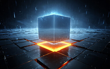 A futuristic cube with glowing elements on a grid background