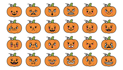 Diverse cartoon pumpkin emotions for Halloween autumn and seasonal design projects
