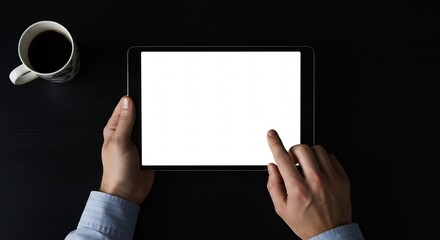 Top-down view of person's hands touching a blank white screen tablet next to coffee on dark wooden table