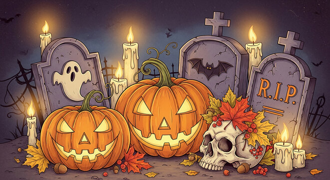 Halloween illustration featuring carved pumpkins, gravestones, skull, candles, and autumn leaves, depicting a spooky yet festive cemetery scene perfect for seasonal greetings or themed designs