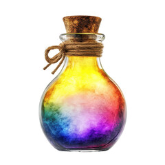 Simple gla bottle hold a magical potion, A simple glass bottle containing a vibrant, swirling magical potion with a cork stopper, isolated on transparent background