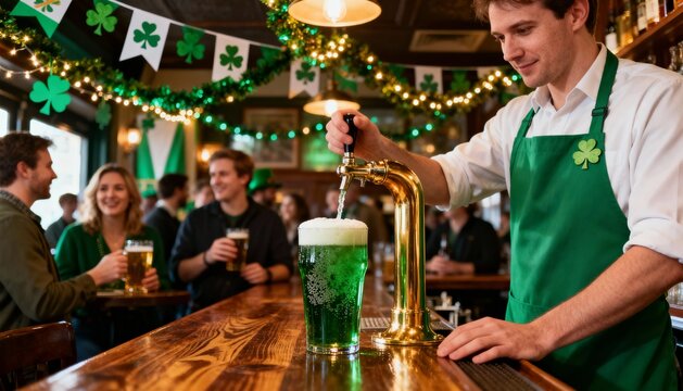 bartender pouring green beer in a busy pub decorated for St. Patrick’s Day, festive lights, realistic photography - Powered by Adobe
