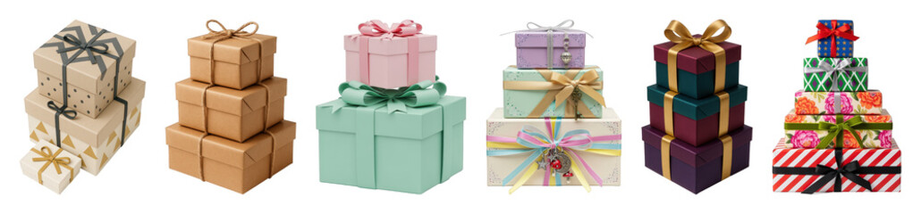 Naklejka premium Gift box set including stacked, colorful, patterned, and plain designs isolated. Celebrations and holiday presents collection.