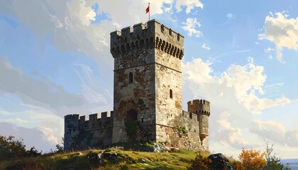 A weathered stone tower fortress stands tall against a backdrop of dramatic clouds.