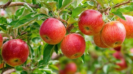 Obraz premium Bright red apples dangle from a tree branch, surrounded by lush green leaves. This orchard scene captures the essence of late summer harvest time, offering a vibrant view of natures bounty.