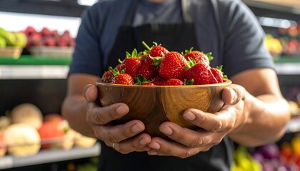 Fresh strawberries held by a person in a grocery store