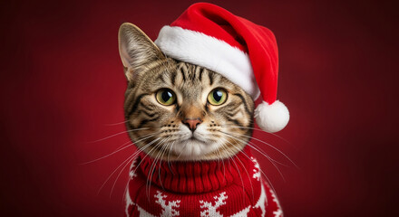 Tabby cat wearing red sweater and Santa hat against red background Free space for text Christmas holiday pet theme