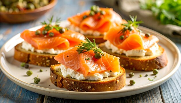 Smoked salmon appetizers on toasted bread