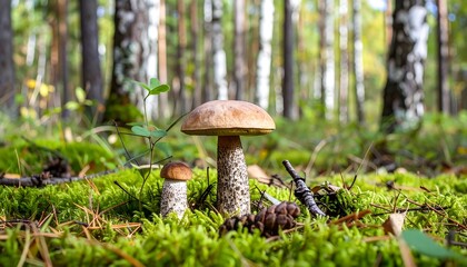Two mushrooms in a forest floor of moss