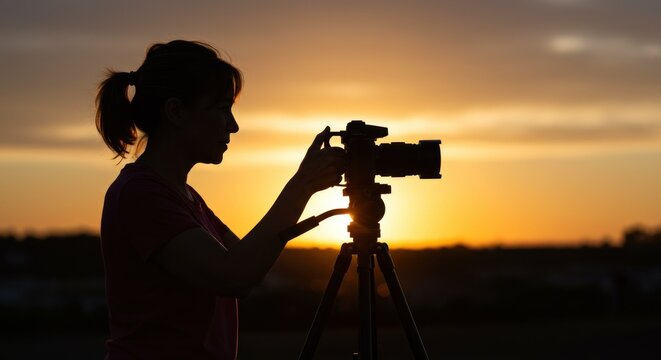 Silhouette of a woman with a camera on a tripod against a sunset - Powered by Adobe