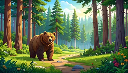 Majestic Brown Bear in Sunlit Forest Path