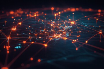 Global network connections illuminated at night with orange and blue nodes representing data flow in a digital landscape