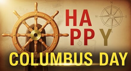 Happy columbus day text with a ships wheel and compass rose illustration