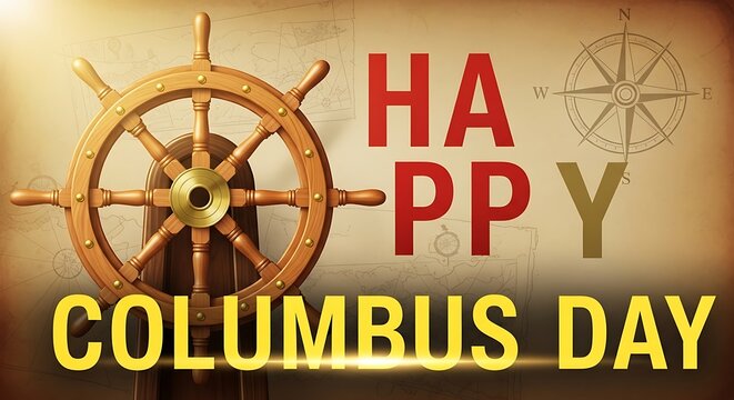 Happy columbus day text with a ships wheel and compass rose illustration