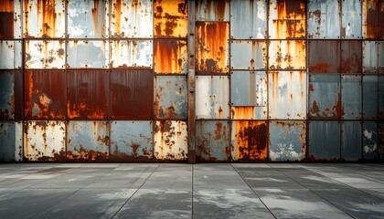 Rusted metal panels on a hangar floor