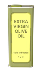 Front view of extra virgin olive oil tin can on transparent background