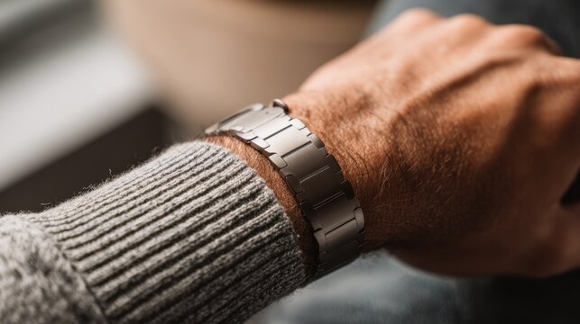Detailed view of a sleek metal watch band featuring precise personalized etching with the surrounding wrist and background softly out of focus.