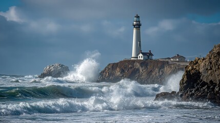 Powerful waves crash against rocky coastline while a lighthouse remains steadfast in stormy weather. The sky is overcast, creating a dramatic atmosphere near the shore.