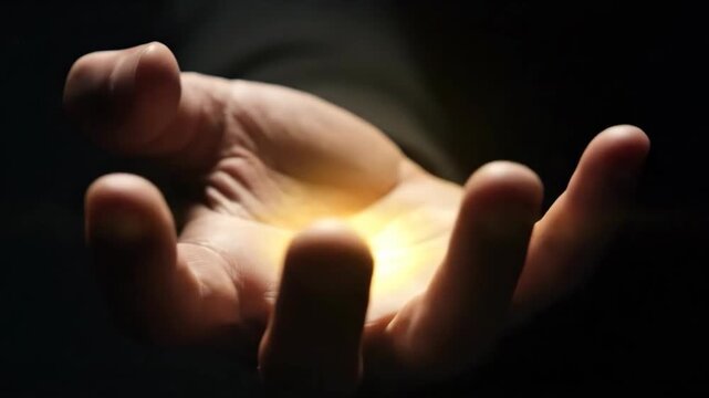 Hand with glowing light radiates mystical power and energy in dramatic darkness