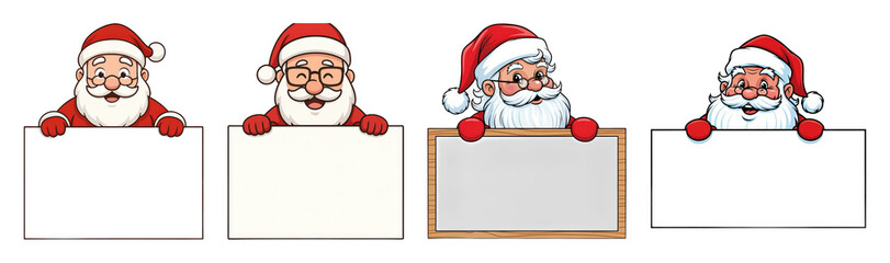 Santa Claus set including various cartoon characters holding blank signs isolated. Festive holiday greetings and announcement banners.