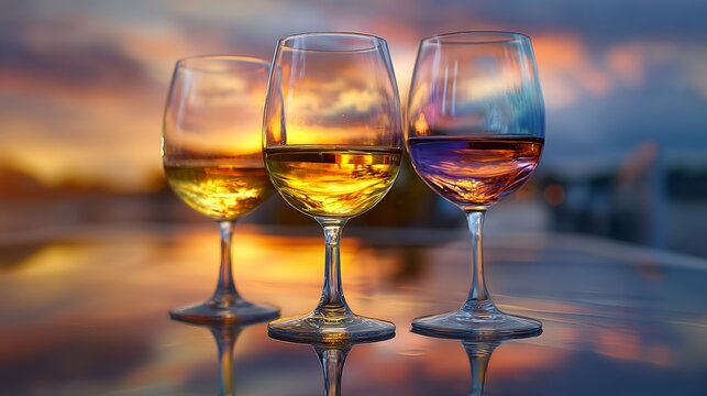 Elegant wine glasses capture vibrant sunset reflections creating a luxurious, celebratory atmosphere